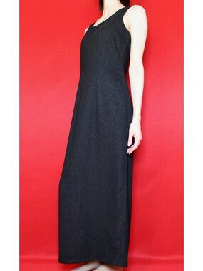 Vintage 90s Black Silver Sparkly Sleeveless Fitted Maxi Dress Back Slit, Size 7